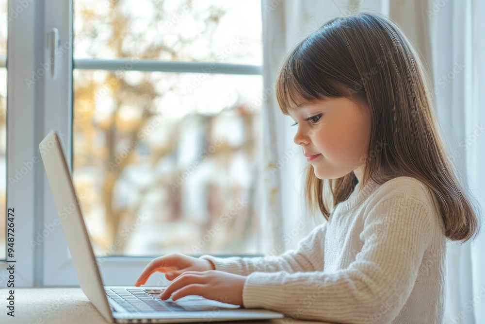 Young girl typing on laptop by sunlit window at home. Young girl typing on laptop by sunlit window at home.