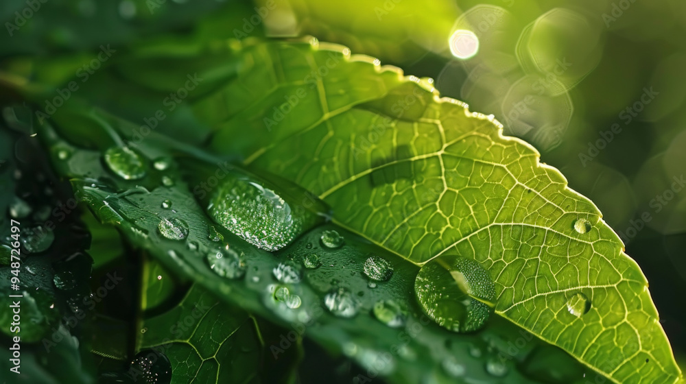 A close-up of water droplets on a vibrant, healthy leaf A close-up of water droplets on a vibrant, healthy leaf