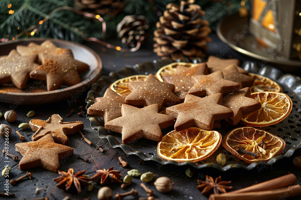 Starshaped gingerbread cookies and dried orange slices on a table with nuts and spices. Starshaped gingerbread cookies and dried orange slices on a table with nuts and spices.