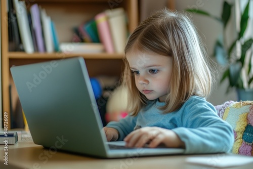 Young girl concentrating on laptop, studying indoors.