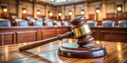 Closeup of a wooden gavel on a table in a court room, gavel, justice, law, judicial, legal, hammer, judge, courtroom photo