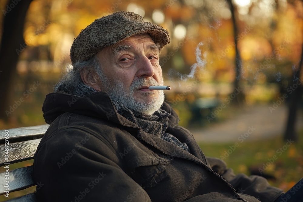 Old man smoking on park bench in autumn, serene scene Old man smoking on park bench in autumn, serene scene