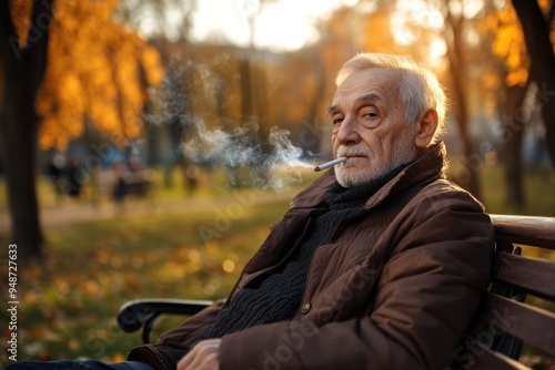 Pensive senior man with cigarette on park bench photo