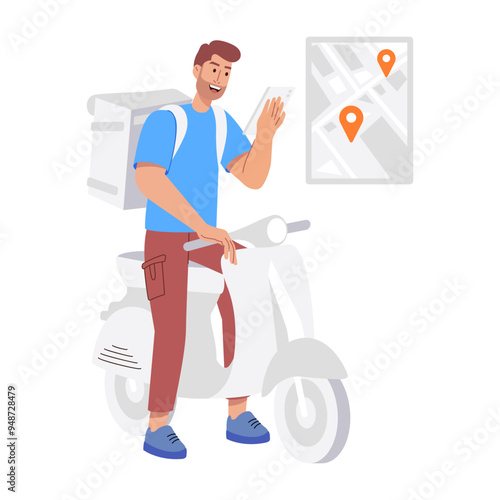 A flat illustration of food delivery on scooter 

