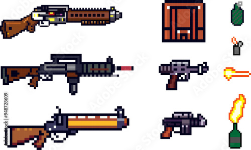 8bit weapons for game, set gun, briefcase, vector illustration 10 EPS