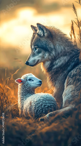 A wolf and a lamb share a quiet moment together in a serene golden sunset meadow photo