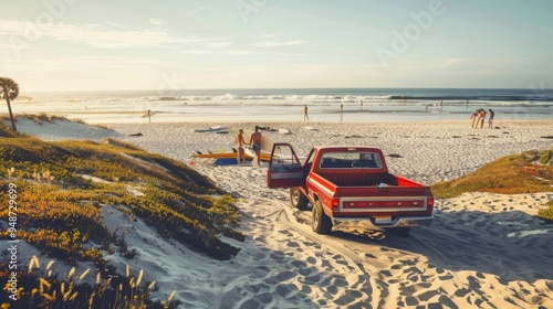 Envision a beach scene where a pickup truck is parked on the sand, tailgate down, and surfboards sticking out of the bed. 