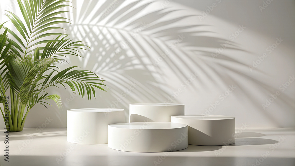 White podiums on a clean background with natural shadow from an overhanging palm leaf. White podiums on a clean background with natural shadow from an overhanging palm leaf.