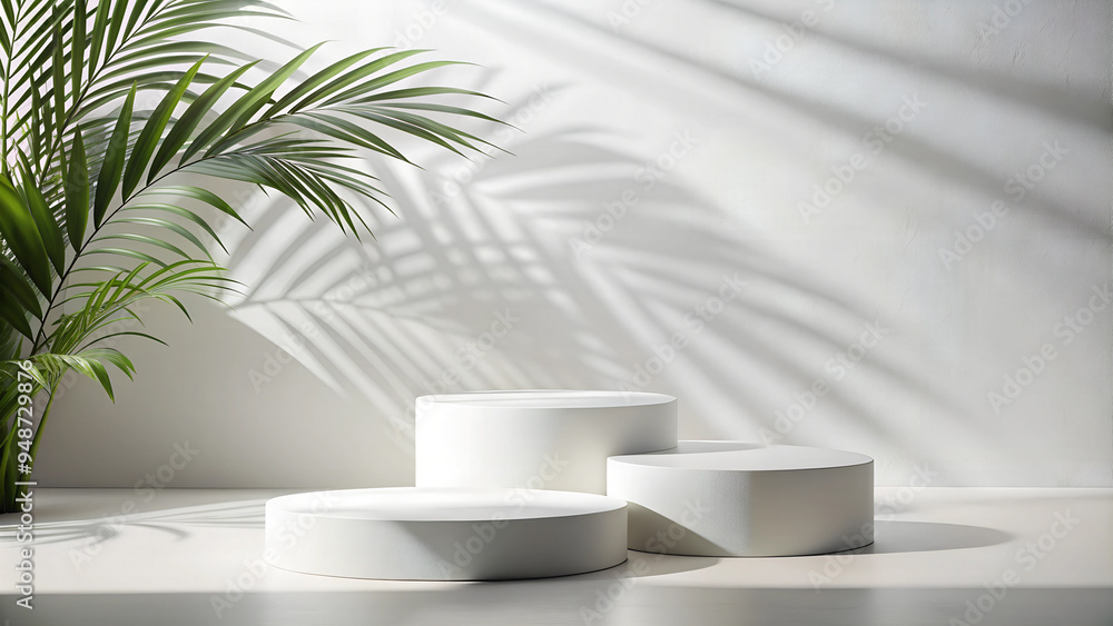 White podiums on a clean background with natural shadow from an overhanging palm leaf. White podiums on a clean background with natural shadow from an overhanging palm leaf.