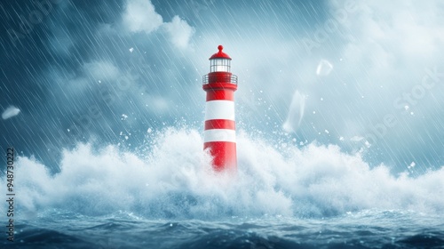 A watercolor illustration of a lighthouse in a stormy sea, with the waves crashing and the rain falling. The illustration captures the drama and power of the storm.