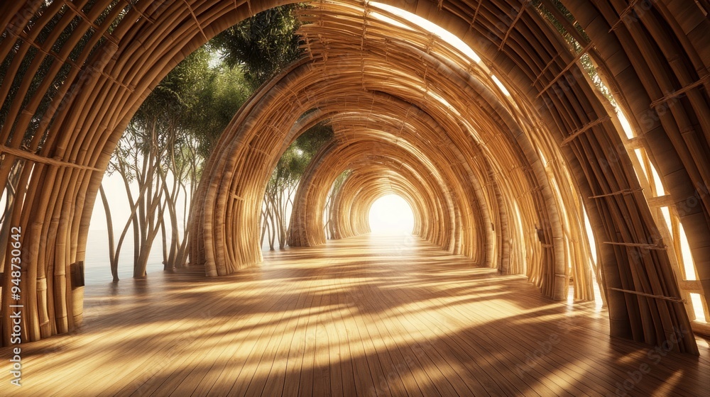 Bamboo archway leading to a bright, sun-lit opening. Bamboo archway leading to a bright, sun-lit opening.
