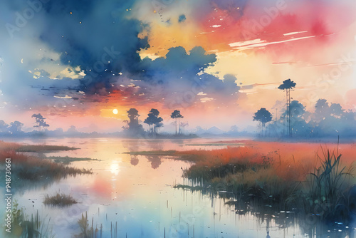 Watercolor painting of the everglades in the fog at dawn