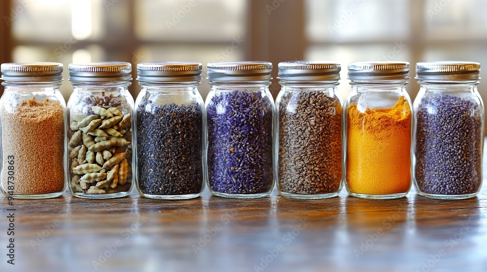 Glass jars hold an array of flavors: cardamom, flax, pepper, lavender, curry, and turmeric. Glass jars hold an array of flavors: cardamom, flax, pepper, lavender, curry, and turmeric.