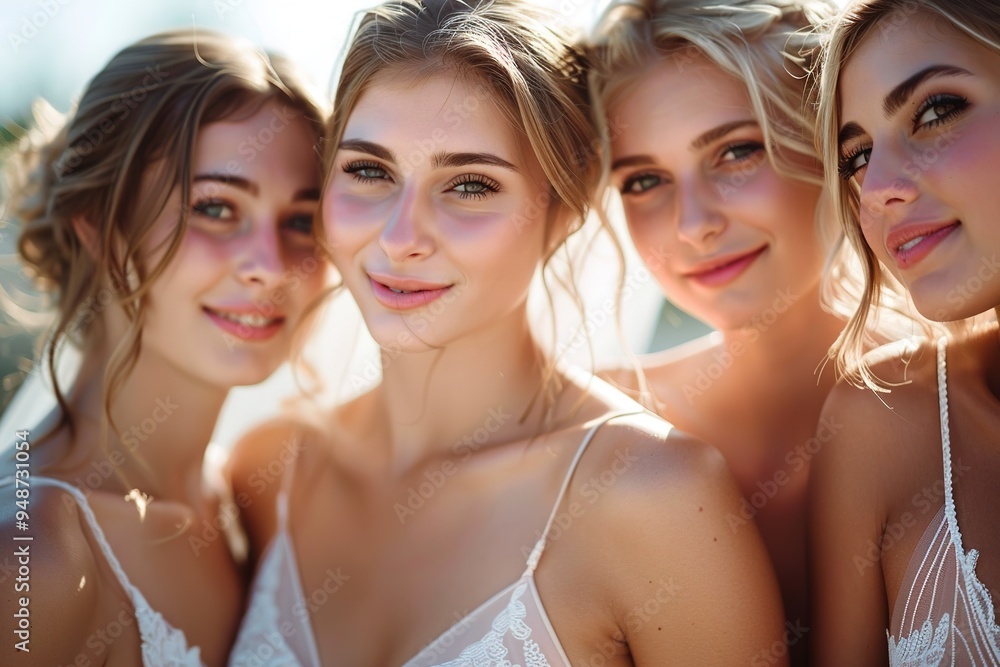Smiling bridesmaids in white dresses, sunny day Smiling bridesmaids in white dresses, sunny day