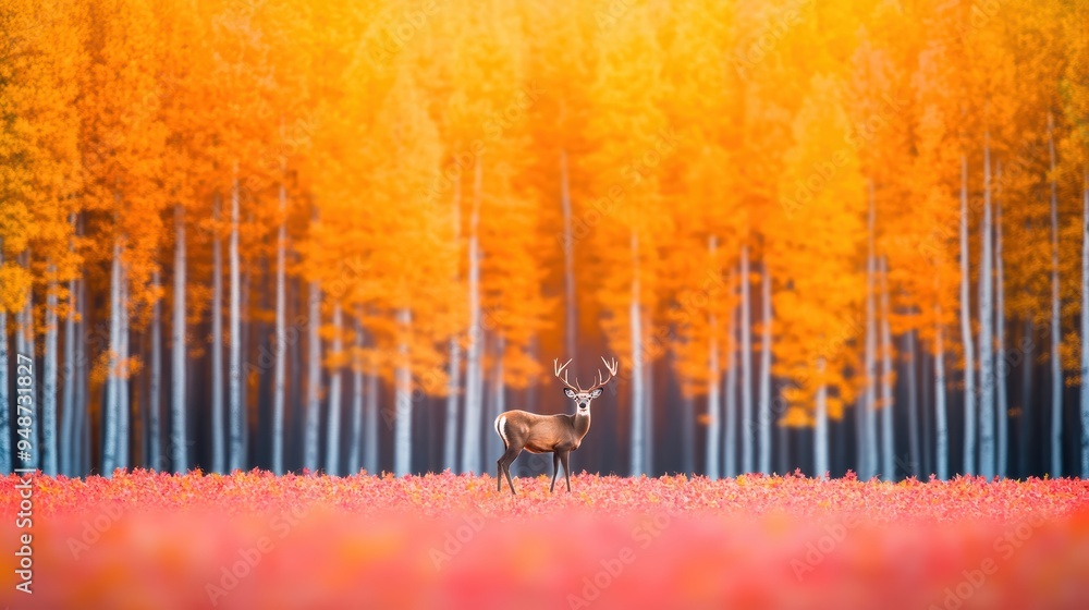 A solitary deer standing amidst a vibrant tapestry of autumn leaves, with a backdrop of towering trees in full fall colors, creating a sense of tranquility. A solitary deer standing amidst a vibrant tapestry of autumn leaves, with a backdrop of towering trees in full fall colors, creating a sense of tranquility.