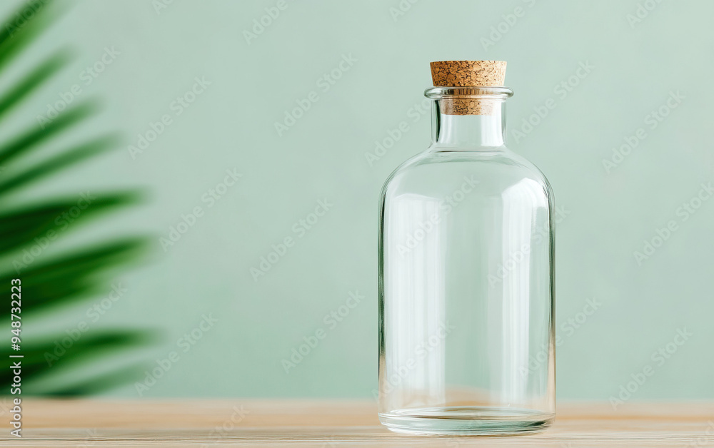 Clear glass bottle with cork lid, placed on a wooden surface with a green background, perfect for various design uses. Clear glass bottle with cork lid, placed on a wooden surface with a green background, perfect for various design uses.