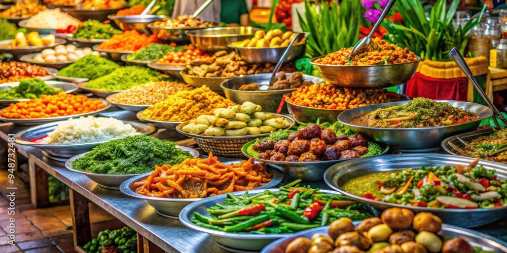 Fototapeta premium Vibrant Thai street food feast in a lively market scene, Thailand, street food, feast, market, colorful, traditional, cuisine