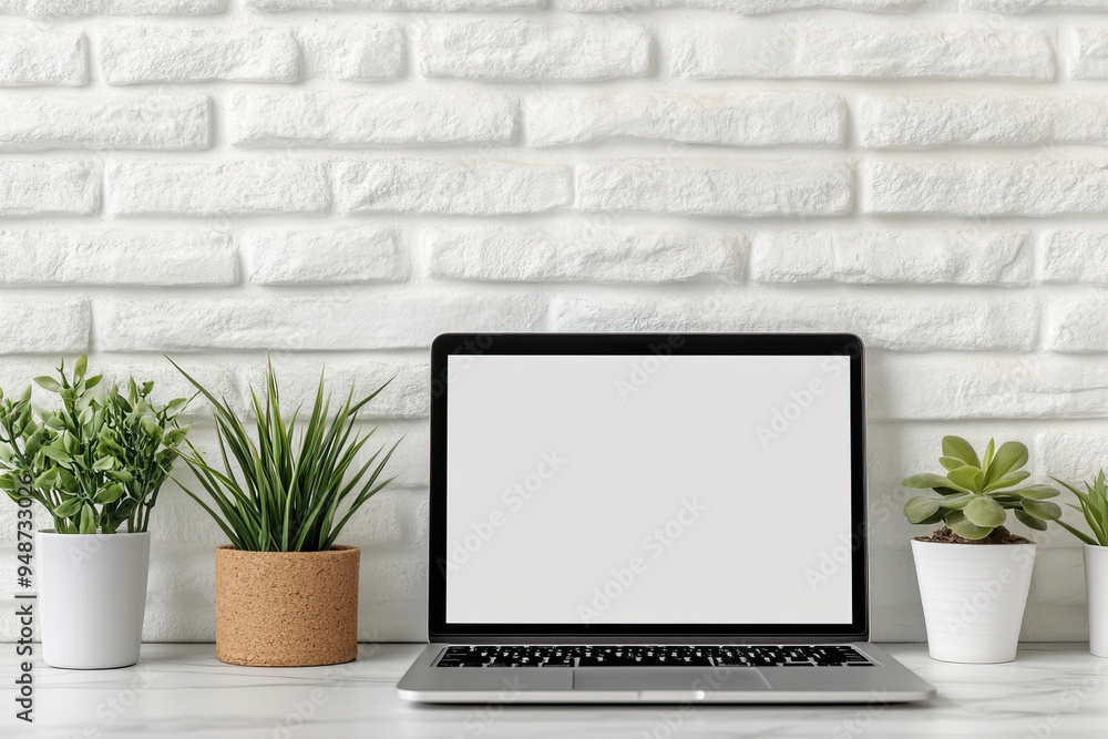 Minimalist workspace featuring a laptop, potted plants, and a stylish brick wall, perfect for creative inspiration. Minimalist workspace featuring a laptop, potted plants, and a stylish brick wall, perfect for creative inspiration.