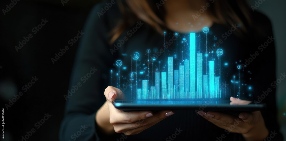 Businesswoman Holding a Tablet with Holographic Chart Businesswoman Holding a Tablet with Holographic Chart