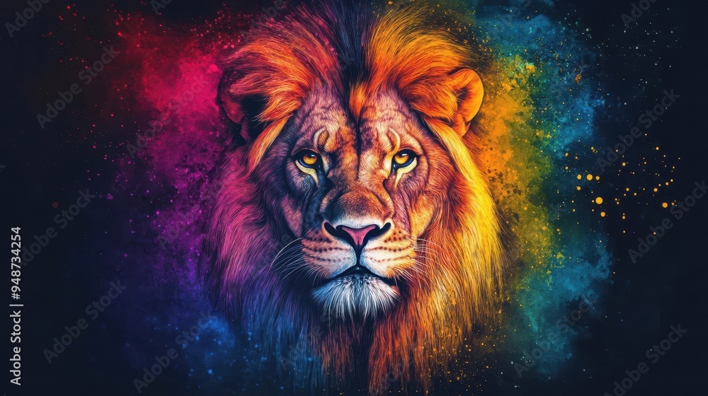 A majestic lion with a vibrant mane stands against a colorful cosmic background, showcasing strength and beauty in stunning detail. A majestic lion with a vibrant mane stands against a colorful cosmic background, showcasing strength and beauty in stunning detail.