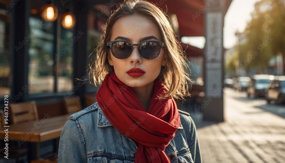 Portrait of Caucasian girl in jacket, red scarf and sunglasses on city street in winter. Young stylish woman. Portrait of Caucasian girl in jacket, red scarf and sunglasses on city street in winter. Young stylish woman.