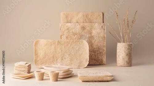 Beige textured plates, bowls and a vase with dried flowers.