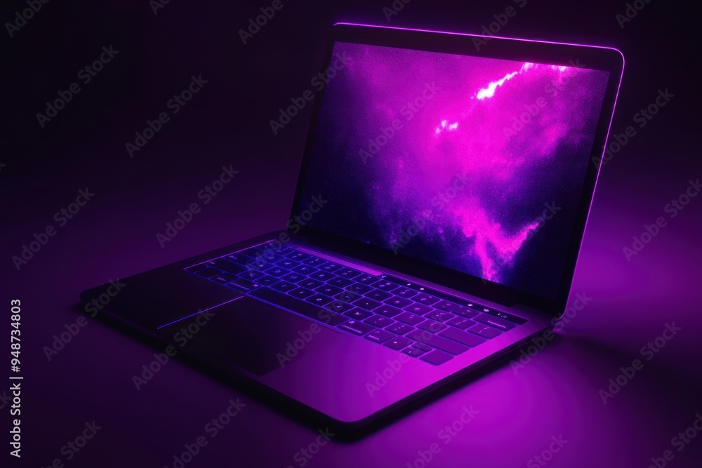 Laptop with Neon Purple Backlight and Abstract Desktop Background Laptop with Neon Purple Backlight and Abstract Desktop Background