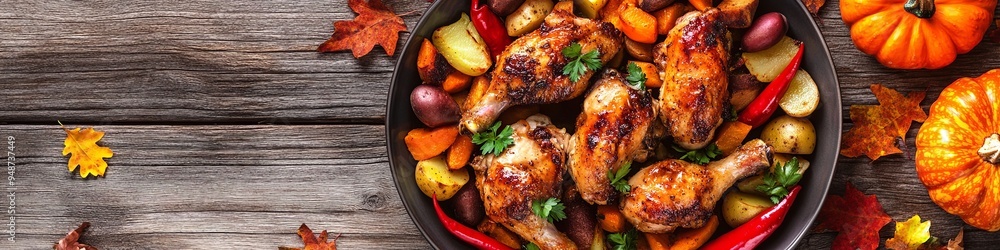 Fried chicken garnished with pumpkin, peppers and potatoes. Fried chicken garnished with pumpkin, peppers and potatoes.