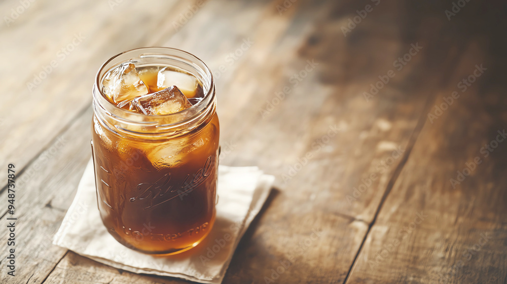 High-angle shot of a cold brew coffee in a mason jar, placed on a wooden floor, with condensation visible on the jar and a folded napkin nearby, chilled coffee, rustic cafe feel High-angle shot of a cold brew coffee in a mason jar, placed on a wooden floor, with condensation visible on the jar and a folded napkin nearby, chilled coffee, rustic cafe feel