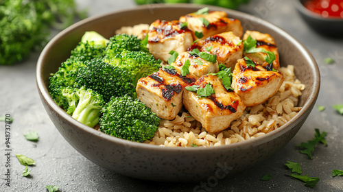 High-angle shot of a bowl of brown rice with grilled chicken and steamed broccoli