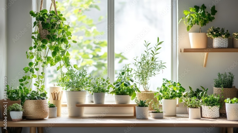 A collection of potted plants on a window sill in a modern home. A collection of potted plants on a window sill in a modern home.