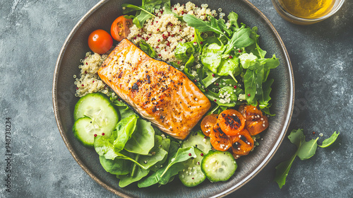 High-angle view of a balanced meal featuring grilled salmon photo