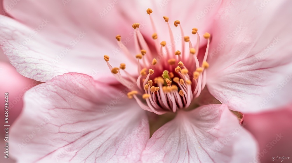 Macro image of a blooming cherry blossom, emphasizing the delicate pink petals and the intricate details of the flower center. Macro image of a blooming cherry blossom, emphasizing the delicate pink petals and the intricate details of the flower center.