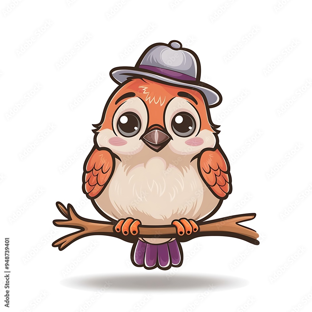 Naklejka premium A delightful cartoon illustration of a sparrow bird, which is depicted as cute and friendly. The bird is sitting in a nest and has big, expressive eyes.