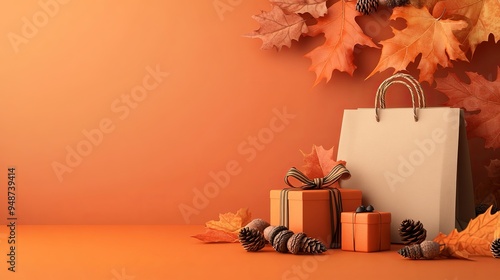 Rustic background for autumn with orange leaves, shopping bag, wrapped gift, acorns, and empty space for text, a 3D rendering. 