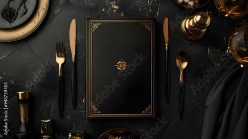 Top above view of black and golden elegant luxury restaurant menu book cover. Prestigious dinner food drink catalog on the table. Deluxe premium VIP elegance 