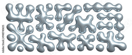 Chrome liquid 3d shapes set in y2k style isolated on a transparent background. Render of 3d metal silver element, bubble melt fluid form in retro aesthetic futuristic style. 3d realistic illustration