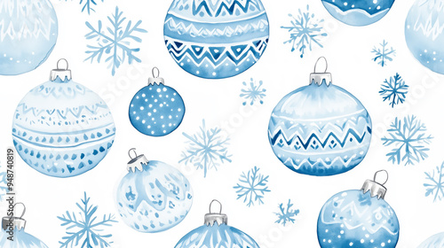 Christmas balls and snowflakes blue watercolor seamless pattern.