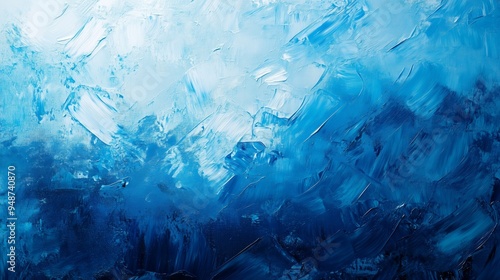Abstract painting featuring varying shades of blue, showcasing a dynamic interplay of textures and colors in a serene setting