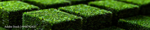 Green artificial grass cubes texture background, close-up, side view