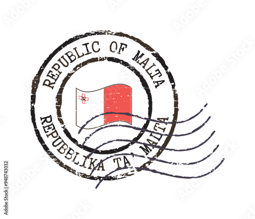 Postal grunge stamp "Malta". English and maltese inscription. Waving flag of Malta in the middle.