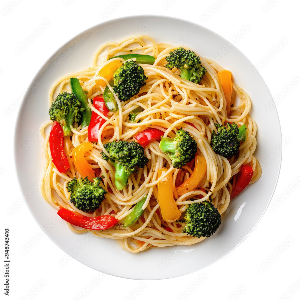 Bowl of Spaghetti with Vegetables, Broccoli and Peppers Isolated on a Transparent Background Bowl of Spaghetti with Vegetables, Broccoli and Peppers Isolated on a Transparent Background