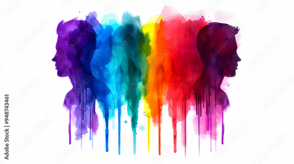 Fototapeta premium Row Watercolor Rainbow Colored Human Figures