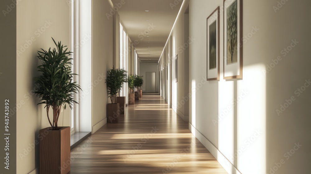 Sunlight streams through the windows of a long, empty hallway with potted plants lining the walls and framed artwork. Sunlight streams through the windows of a long, empty hallway with potted plants lining the walls and framed artwork.