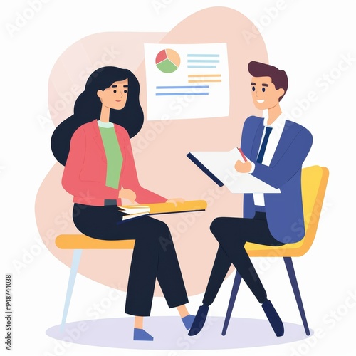 Business meeting with a woman and a man reviewing a presentation.