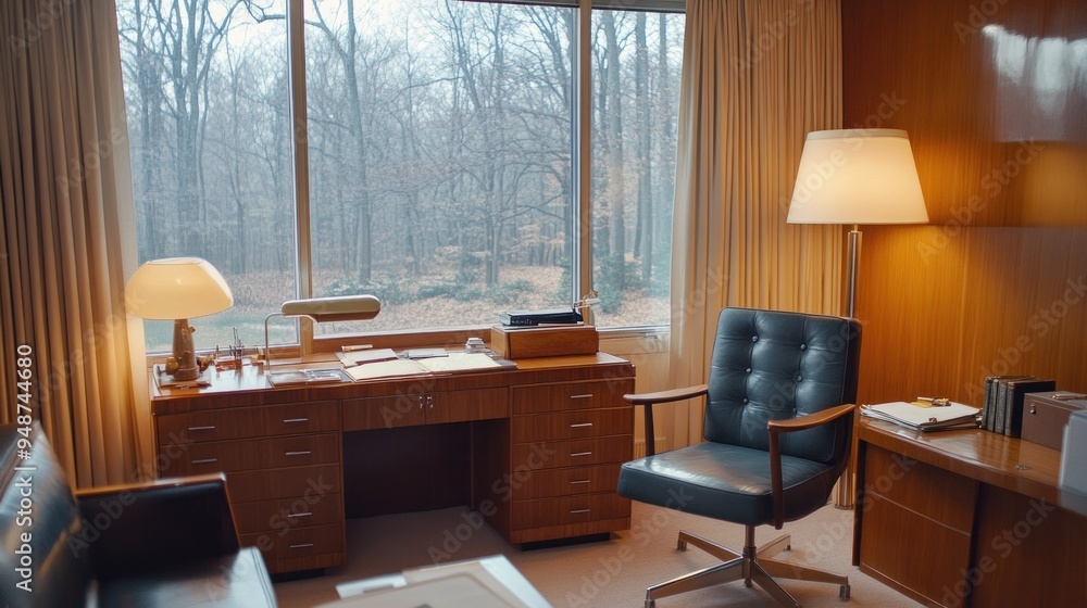 Fototapeta premium A mid-century modern office with a wooden desk, a leather chair, and a view of the trees through the window.