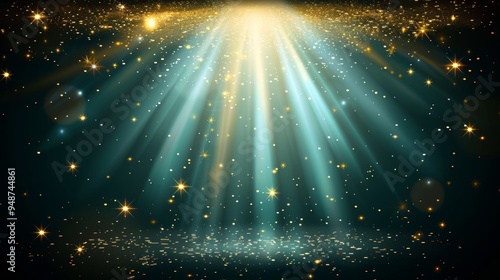 Abstract teal and mint light burst with radiant rays and golden sparkles on dark background