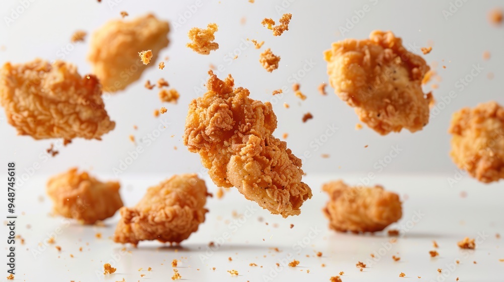 Crispy fried chicken nuggets, floating in mid-air, white background, macro shot, crumbs falling, golden brown breading, textured surface, high-resolution, studio lighting Crispy fried chicken nuggets, floating in mid-air, white background, macro shot, crumbs falling, golden brown breading, textured surface, high-resolution, studio lighting