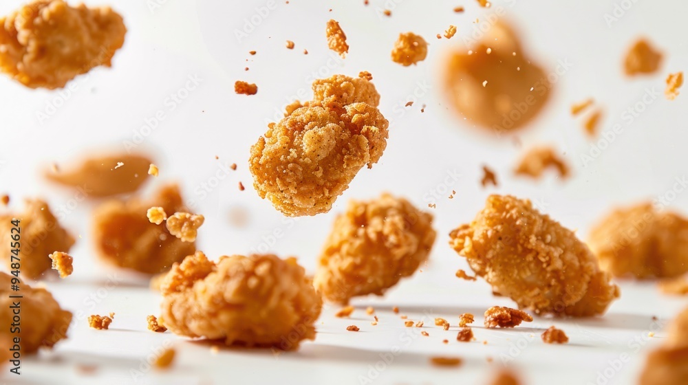 Crispy fried chicken nuggets, floating in mid-air, white background, macro shot, crumbs falling, golden brown breading, textured surface, high-resolution, studio lighting Crispy fried chicken nuggets, floating in mid-air, white background, macro shot, crumbs falling, golden brown breading, textured surface, high-resolution, studio lighting
