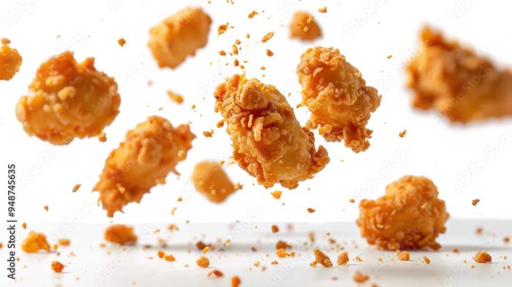 Crispy fried chicken nuggets, floating in mid-air, white background, macro shot, crumbs falling, golden brown breading, textured surface, high-resolution, studio lighting Crispy fried chicken nuggets, floating in mid-air, white background, macro shot, crumbs falling, golden brown breading, textured surface, high-resolution, studio lighting